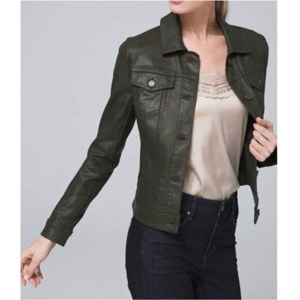 White House Black Market WHBM Coated Denim Cropped Jacket Size 0 Green
